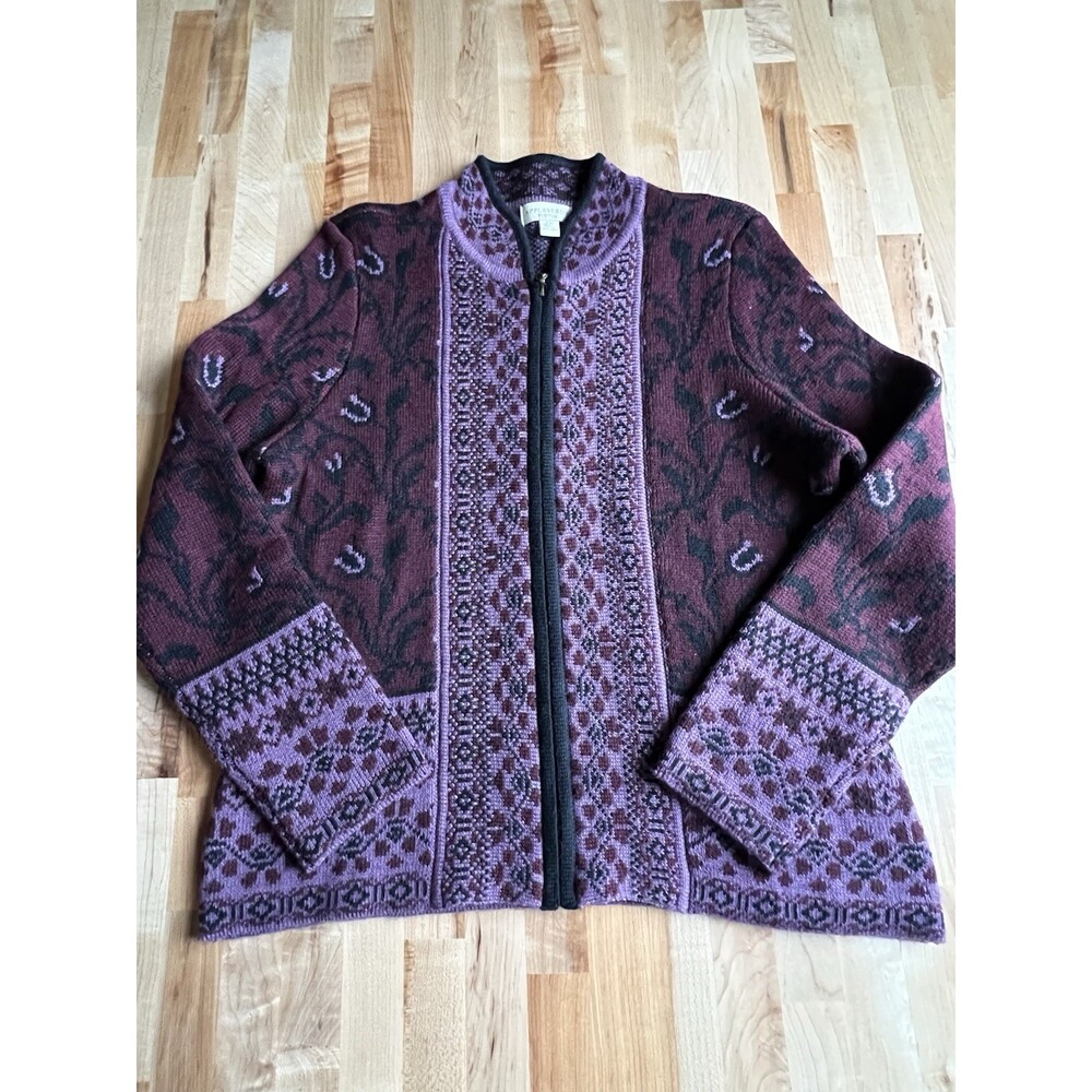 Appleseed's Full Zip Sweater Cardigan Wool Blend Nordic Fair Isle Purple M Pet.